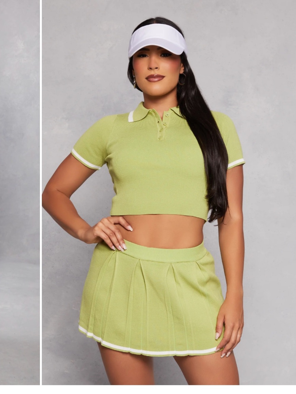 Contrast trim striped polo top and skirt set